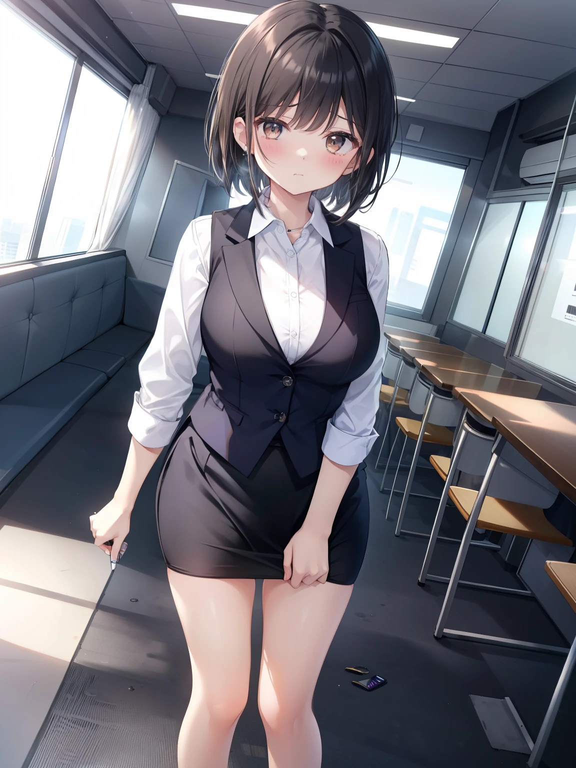 highest quality, Flying debris、Beautiful woman、officeレディー、Black Hair、(Brown eyes、Big Breasts)、short hair、チェック柄のダークブルーのofficeスーツ)、new employee,Full Body Shot、Female office lady、break(Dark blue checked vest、White dress shirt、Navy blue mini tight pencil skirt:1.2)、(Black knee-high、Absolute area、High heels)、break(office:1.3)、Cleavage、Unbutton your shirt、blush、Embarrassed、Troubled face、The skirt is torn、Standing posture