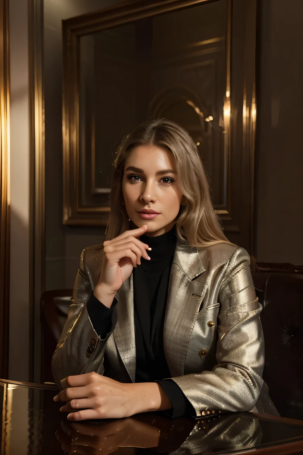 blonde girl, working as a Marketing specialist, (best quality,4k,8k,highres,masterpiece:1.2),photorealistic,realistic,portraitsharp focus,beautiful detailed eyes,beautiful detailed lips,high-quality skin texture,rich facial expressions,professional lighting,long eyelashes,expensive suit,wealthy appearance,confident smile,gray hair,wealth,office background,enjoying a glass of champagne,classic art style,vibrant colors,subtle shadows,impressive background,reflection of wealth and success,impeccable grooming,important-looking documents,shiny black shoes,impressive stature,spotlight highlighting the character,attention to detail in every aspect of the portrait,precise brushstrokes,revealing the character's dignity and sophistication,meticulously crafted background,attention to facial features and nuances,extraordinary attention to detail,showcasing the character's refined taste,deep and thoughtful expression,wealth and prosperity