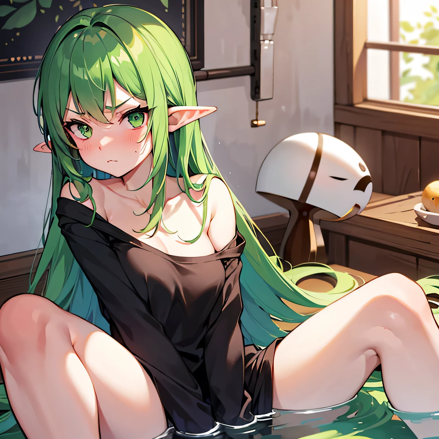 best quality, (masterpiece), Solitary, 1 Girl, us_Erindale,Green Eyes, Green Hair, 1 Girl,((Face away from the camera)),anatomically correct,Expose panties,Big ,Solitary, Pointed ears, Elf,angry expression,Bulging mouth, Pout ,shy,blush,Stare at this person,Lean forward,looking into camera,take off pants,bath