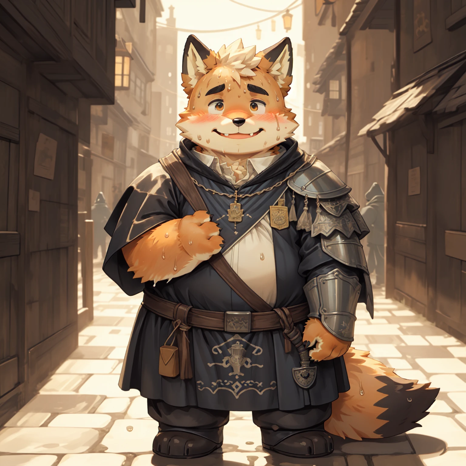 New Jersey 5 Furry,fox,(Solitary),child,Beautifully,Chubby,Orange plush fur,Cute face,Black eyebrows,(Knight clothing),( Fluffy fur, Fluffy), (Medieval streets), (swagger), (Standing)(sweat:1.2), masterpiece,best quality, Play,Smile,blush,Sweating
