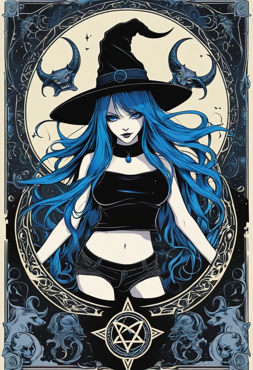  of a pentagram and other symbols. The image features a woman with long blue hair wearing a black shirt and a black hat. She is also wearing black shorts. The shirt has a design of a demon on it.