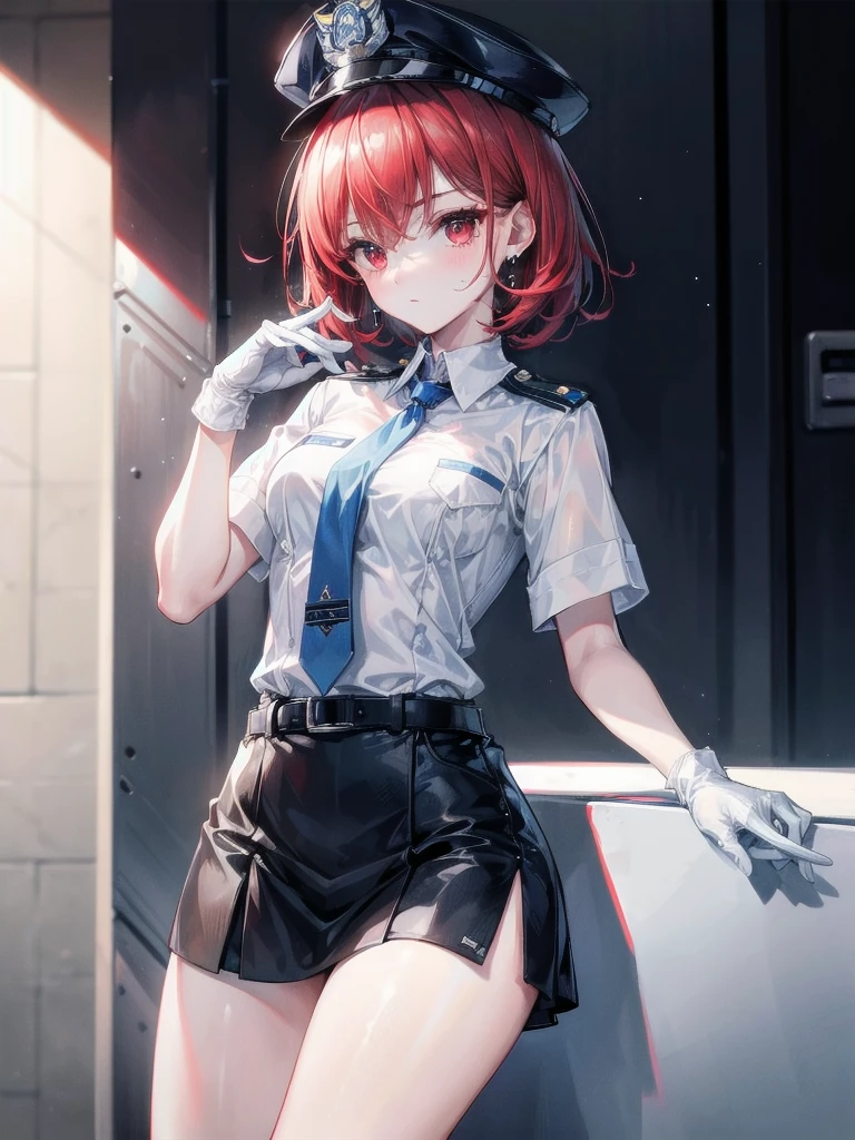 policewoman uniform, light blue short sleeved shirt, navy necktie, high waisted miniskirt, belt, white gloves, police hat, handcuffs, absurdres, RAW photo, extremely delicate and beautiful, masterpiece, Best Quality, ultra high resolution, 32k, hyperrealistic, ultra-detailed, detailed description, pale skin, 20 years old, tearful mole, earring, short medium hair, wavy hair, whole body shot, legs, Redhead, Red eyes,