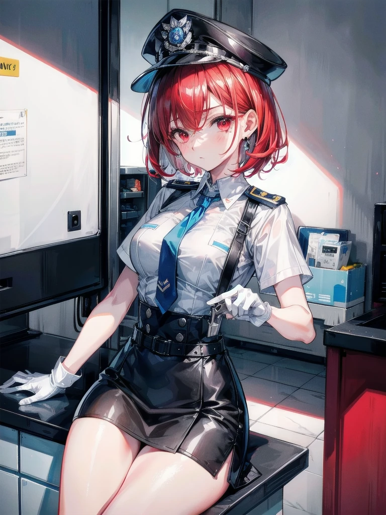 policewoman uniform, light blue short sleeved shirt, navy necktie, high waisted miniskirt, belt, white gloves, police hat, handcuffs, absurdres, RAW photo, extremely delicate and beautiful, masterpiece, Best Quality, ultra high resolution, 32k, hyperrealistic, ultra-detailed, detailed description, pale skin, 20 years old, tearful mole, earring, short medium hair, wavy hair, whole body shot, legs, Redhead, Red eyes,