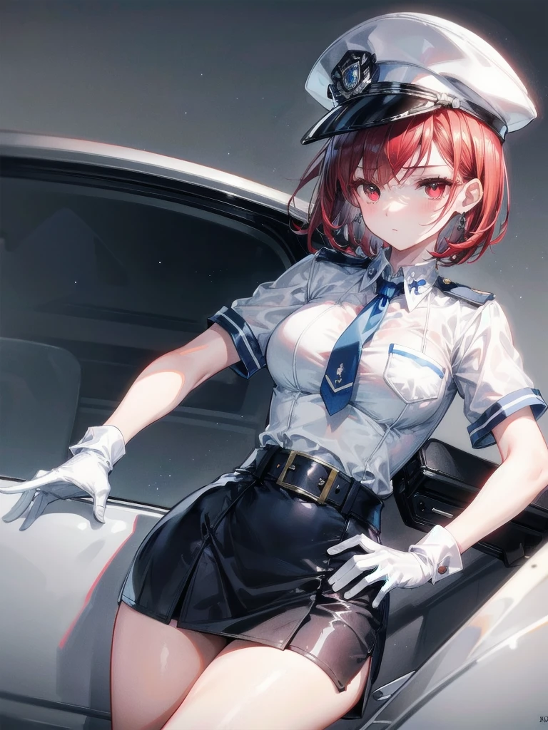 policewoman uniform, light blue short sleeved shirt, navy necktie, high waisted miniskirt, belt, white gloves, police hat, handcuffs, absurdres, RAW photo, extremely delicate and beautiful, masterpiece, Best Quality, ultra high resolution, 32k, hyperrealistic, ultra-detailed, detailed description, pale skin, 20 years old, tearful mole, earring, short medium hair, wavy hair, whole body shot, legs, Redhead, Red eyes,