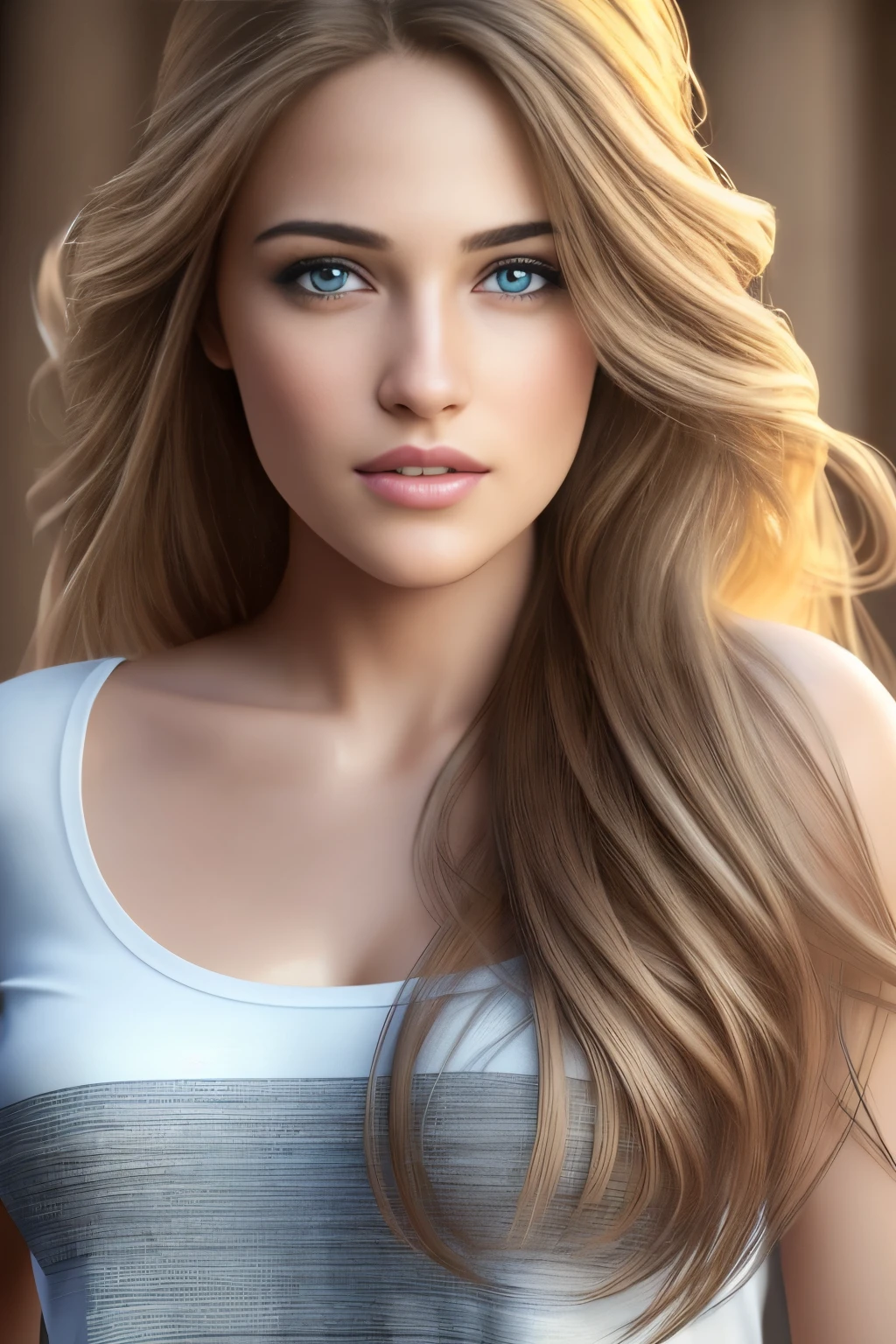 Best quality, masterpiece, ultra high res, (photorealistic:1.69), raw photo, 1girl, long hair, beautifull eyes, beautifull face, detailed eyes and face, t-shirt, dynamic lighting, low key,
