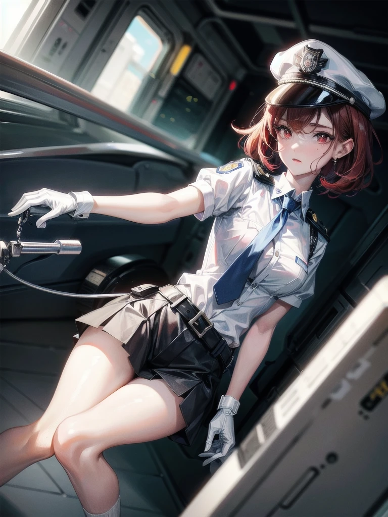 policewoman uniform, light blue short sleeved shirt, navy necktie, high waisted miniskirt, belt, white gloves, police hat, handcuffs, absurdres, RAW photo, extremely delicate and beautiful, masterpiece, Best Quality, ultra high resolution, 32k, hyperrealistic, ultra-detailed, detailed description, pale skin, 20 years old, tearful mole, earring, short medium hair, wavy hair, whole body shot, legs, Redhead, Red eyes, 