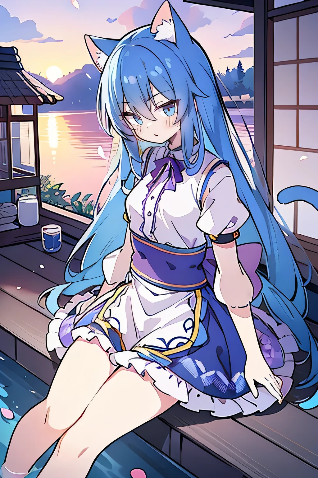 (masterpiece:1.2),Super detailed,Practical,expressive eyes,Fair skin,Perfect face shaping,1 Girl,
Japanese cartoons,Gorgeous blue hair, the long flowing blue hair,Floating clothes,Cat ears,Petals falling,beautiful lola,Young Angel,
Hands on waist,sit elegantly on the ground,Cross your legs,Gentle and peaceful background,Cool and cozy pavilion,Sunset,