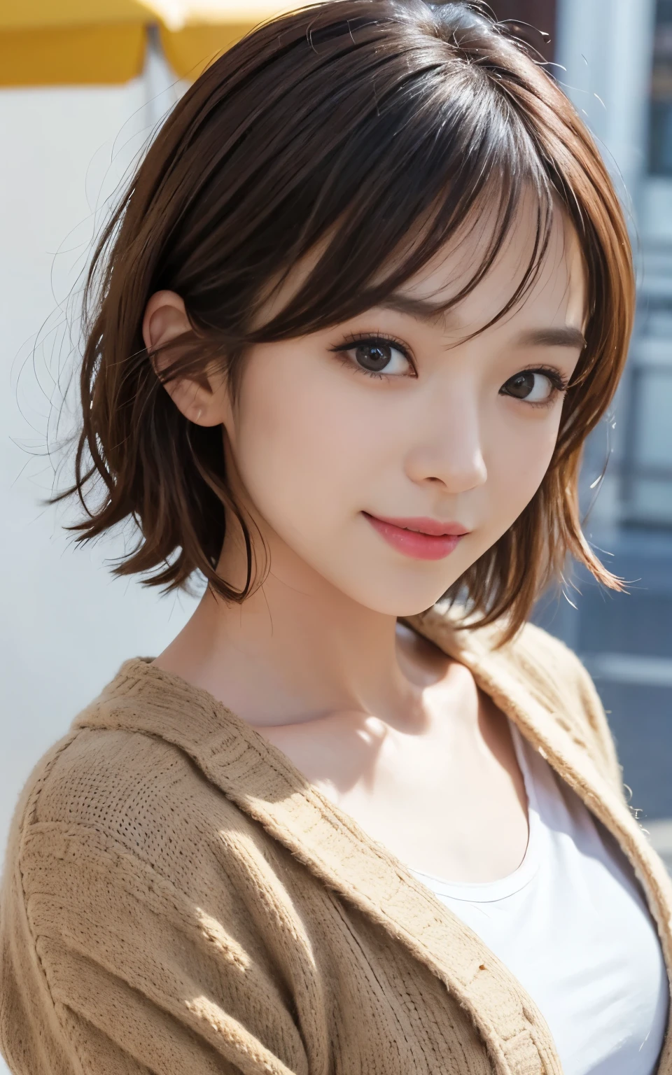 Cute 21 year old Japanese、city、shopping、Super detailed face、Pay attention to the details、double eyelid、Beautiful thin nose、Sharp focus:1.2、Beautiful woman:1.4、(Light brown hair,short hair、),Pure white skin、highest quality、masterpiece、Ultra-high resolution、(Photorealistic:1.4)、Highly detailed and professional lighting、nice smile、Show your whole body、Cute autumn clothes、