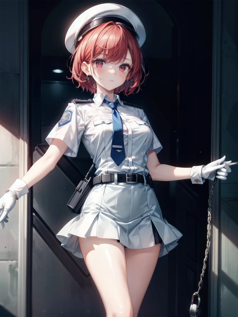 policewoman uniform, light blue short sleeved shirt, navy necktie, high waisted miniskirt, belt, white gloves, police hat, handcuffs, absurdres, RAW photo, extremely delicate and beautiful, masterpiece, Best Quality, ultra high resolution, 32k, hyperrealistic, ultra-detailed, detailed description, pale skin, 20 years old, tearful mole, earring, short medium hair, wavy hair, whole body shot, legs, Redhead, Red eyes,