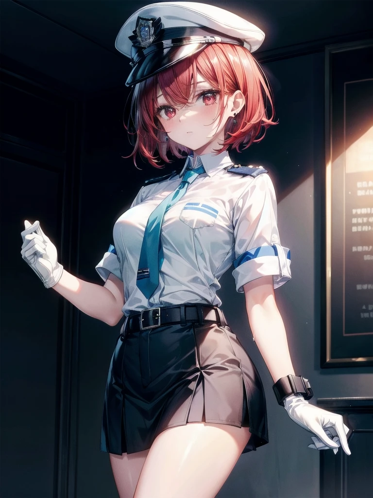 policewoman uniform, light blue short sleeved shirt, navy necktie, high waisted miniskirt, belt, white gloves, police hat, handcuffs, absurdres, RAW photo, extremely delicate and beautiful, masterpiece, Best Quality, ultra high resolution, 32k, hyperrealistic, ultra-detailed, detailed description, pale skin, 20 years old, tearful mole, earring, short medium hair, wavy hair, whole body shot, legs, Redhead, Red eyes,