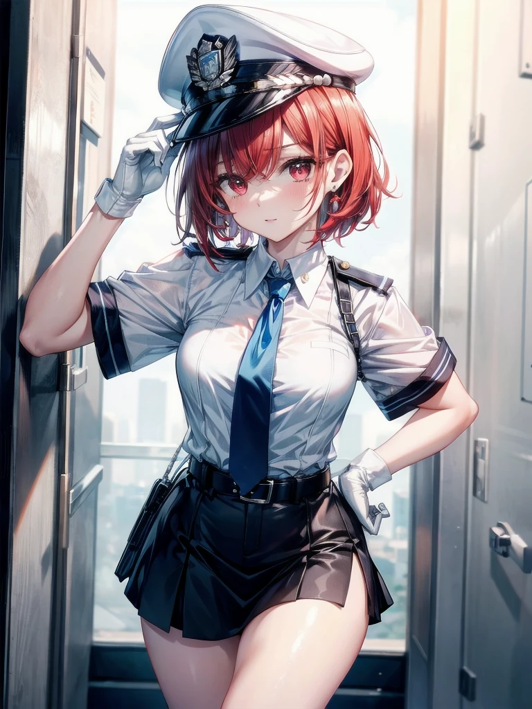 policewoman uniform, light blue short sleeved shirt, navy necktie, high waisted miniskirt, belt, white gloves, police hat, handcuffs, absurdres, RAW photo, extremely delicate and beautiful, masterpiece, Best Quality, ultra high resolution, 32k, hyperrealistic, ultra-detailed, detailed description, pale skin, 20 years old, tearful mole, earring, short medium hair, wavy hair, whole body shot, legs, Redhead, Red eyes, 
