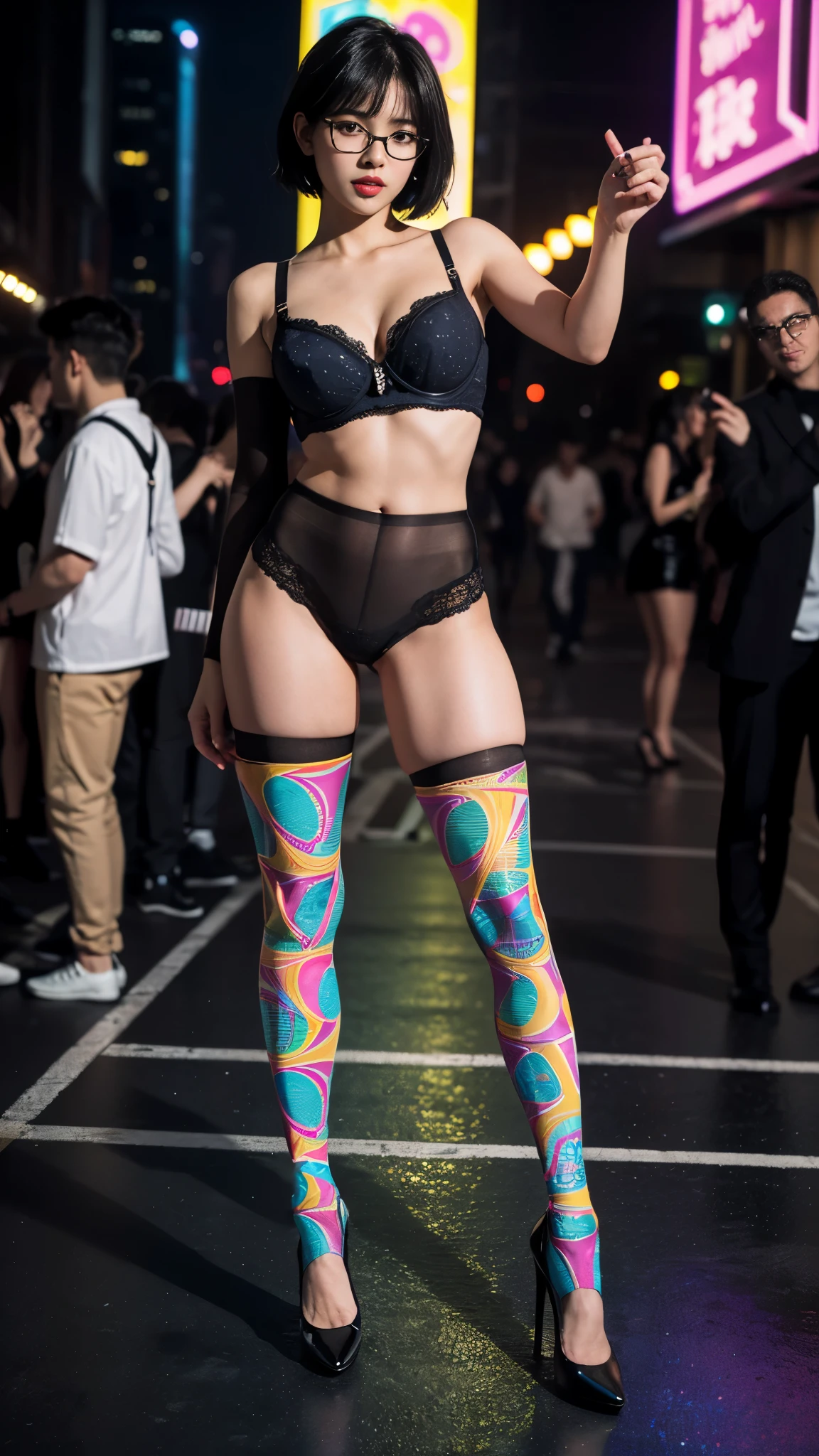 ,(full body:1.5),(((only one girl)):1.4),(view the viewer:1.4),((anatomy correct):1.45),(((dancing in the night club, Perfectly integrated background))):1.3),(she wears large glasses and Holding bra & pantie in her hand:1.2),(shy:1.15),(stocking set):1.2),(((((((patterns)))))) ,((thick pantyhose)):1.3),(high heels leather shoes:1.1),((Long legs and large chest):1.3),((((colorful))):1.4),(Accurate and perfect face:1.3),((black short hair):1.2),hyper HD, Ray traching, reflective light, structurally correct, Award-Awarded, high detail, lighten shade contrast, Face lighting ,cinematic lighting, masterpiece, super detailing, high quality, high detail, best quality, 16k,High contrast,