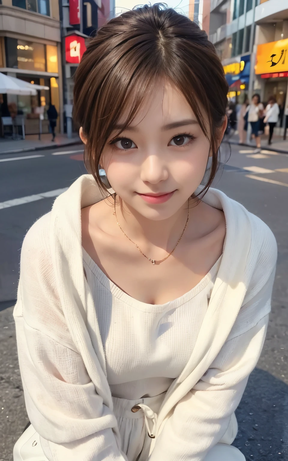 Cute 21 year old Japanese、city、shopping、Super detailed face、Pay attention to the details、double eyelid、Beautiful thin nose、Sharp focus:1.2、Beautiful woman:1.4、(Light brown hair,short hair、),Pure white skin、highest quality、masterpiece、Ultra-high resolution、(Photorealistic:1.4)、Highly detailed and professional lighting、nice smile、Show your whole body、Cute autumn clothes、