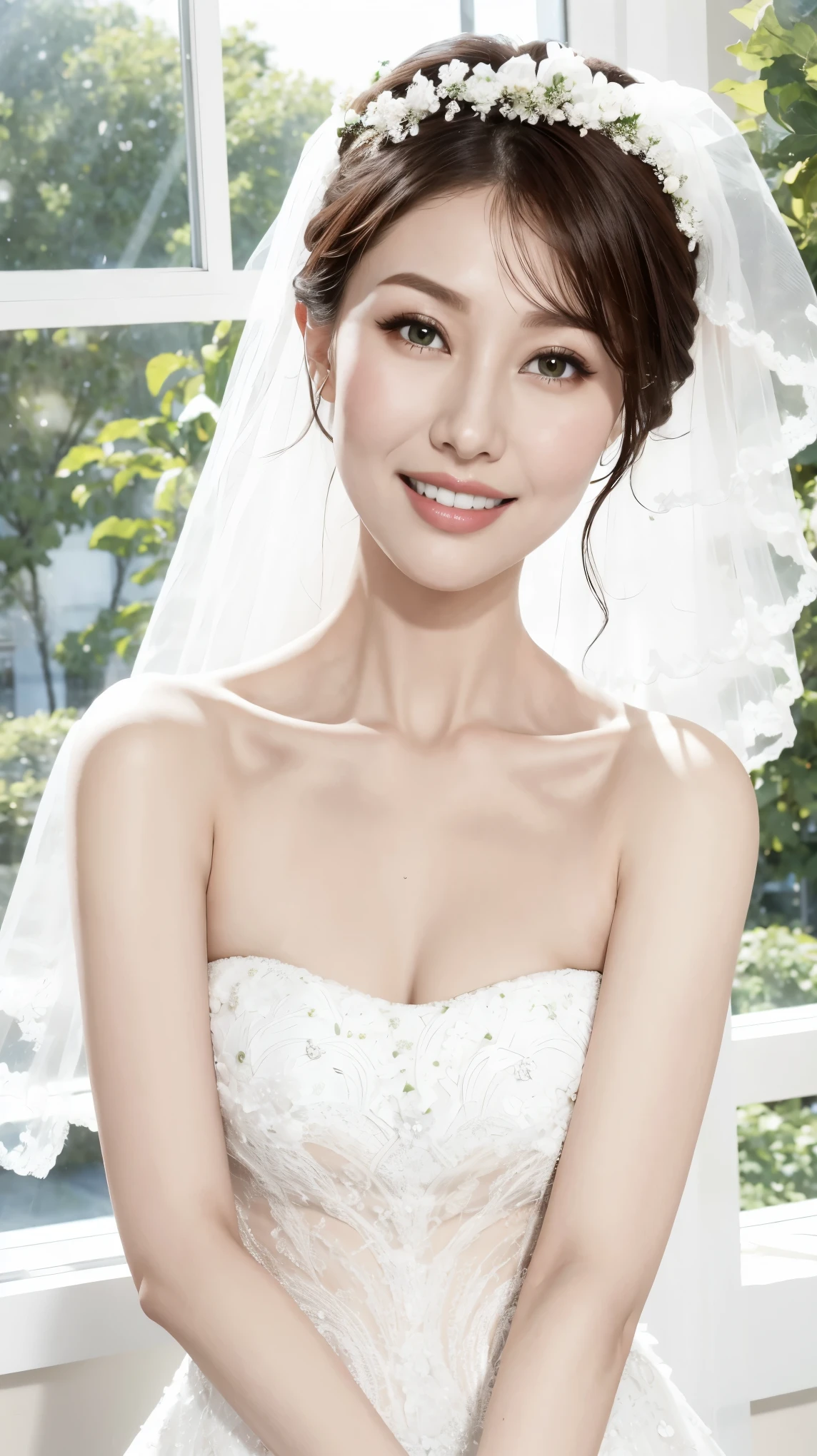 Fashion model 25 years old [[[[close up]]]], [[[[neck]]]], [[[[Shoulder]]]], Perfect eyes, Perfect iris，Perfect lips，Perfect Teeth，Perfect skin，White skin，Soft headlight，High-density imaging review，（Face is clear and delicate），((White Bride Wedding Dress))，((Smile))，((Background is indoor))，((There are green trees and flowers outside the window))，best quality，masterpiece，（Soft colors：1.2)