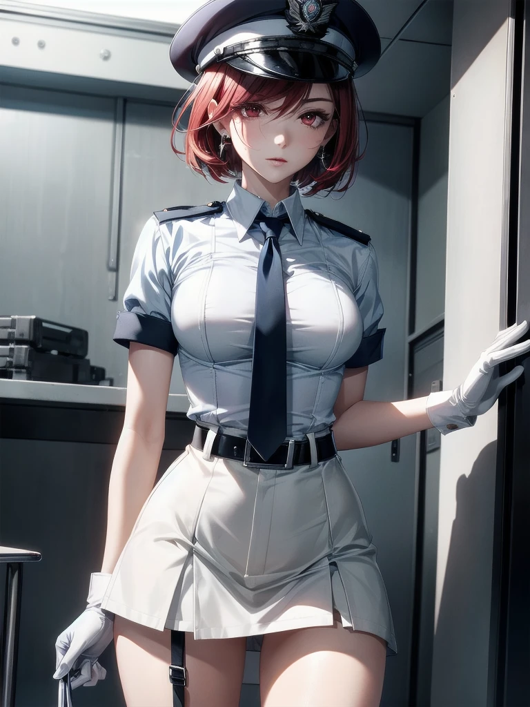 policewoman uniform, light blue short sleeved shirt, navy necktie, high waisted miniskirt, belt, white gloves, police hat, handcuffs, absurdres, RAW photo, extremely delicate and beautiful, masterpiece, Best Quality, ultra high resolution, 32k, hyperrealistic, ultra-detailed, detailed description, pale skin, 20 years old, tearful mole, earring, short medium hair, wavy hair, whole body shot, legs, Redhead, Red eyes,