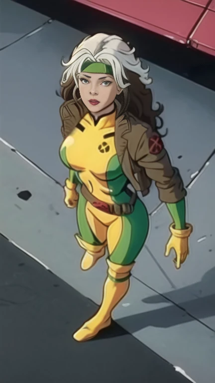 CARTOON_X_MENs_Rogue,ownwaifu,
long hair,breasts,brown hair,green eyes,lipstick,makeup,lips,white hair,two-tone hair,headband,wavy hair,large breasts,messy hair,curly hair,big_hair, 
yellow bodysuit,jacket,gloves,belt,yellow gloves,green bodysuit,bodysuit,multicolored bodysuit,superhero, skin tight,multicolored clothes,  1girl, solo, looking at viewer, full body, highres, scenery, (masterpiece:1.1), (best quality,:1.1), (high quality:1.1), (anime screencap:1.2), front view, under view, standing on rooftop 