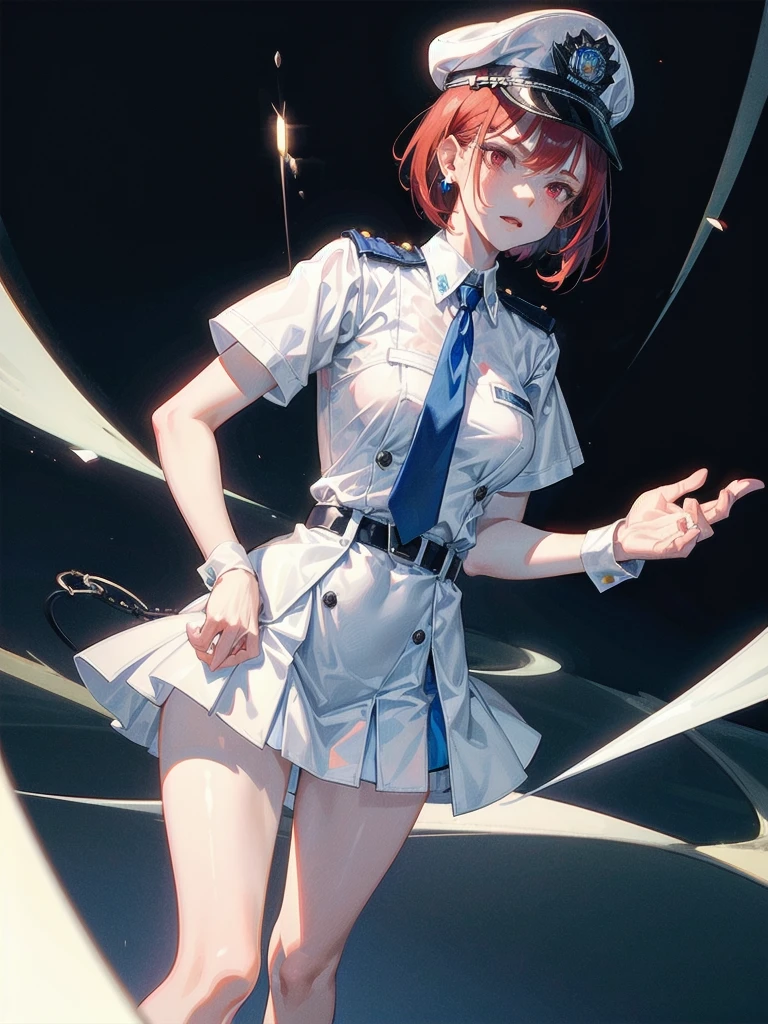 policewoman uniform, light blue short sleeved shirt, navy necktie, high waisted miniskirt, belt, white gloves, police hat, handcuffs, absurdres, RAW photo, extremely delicate and beautiful, masterpiece, Best Quality, ultra high resolution, 32k, hyperrealistic, ultra-detailed, detailed description, pale skin, 20 years old, tearful mole, earring, short medium hair, wavy hair, whole body shot, legs, Redhead, Red eyes,
