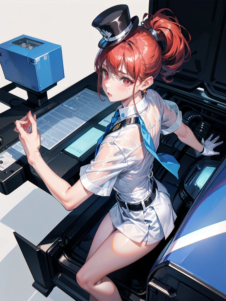 policewoman uniform, light blue short sleeved shirt, navy necktie, high waisted miniskirt, belt, white gloves, police hat, handcuffs, absurdres, RAW photo, extremely delicate and beautiful, masterpiece, Best Quality, ultra high resolution, 32k, hyperrealistic, ultra-detailed, detailed description, pale skin, 20 years old, tearful mole, earring, short medium hair, wavy hair, whole body shot, legs, Redhead, Red eyes, 