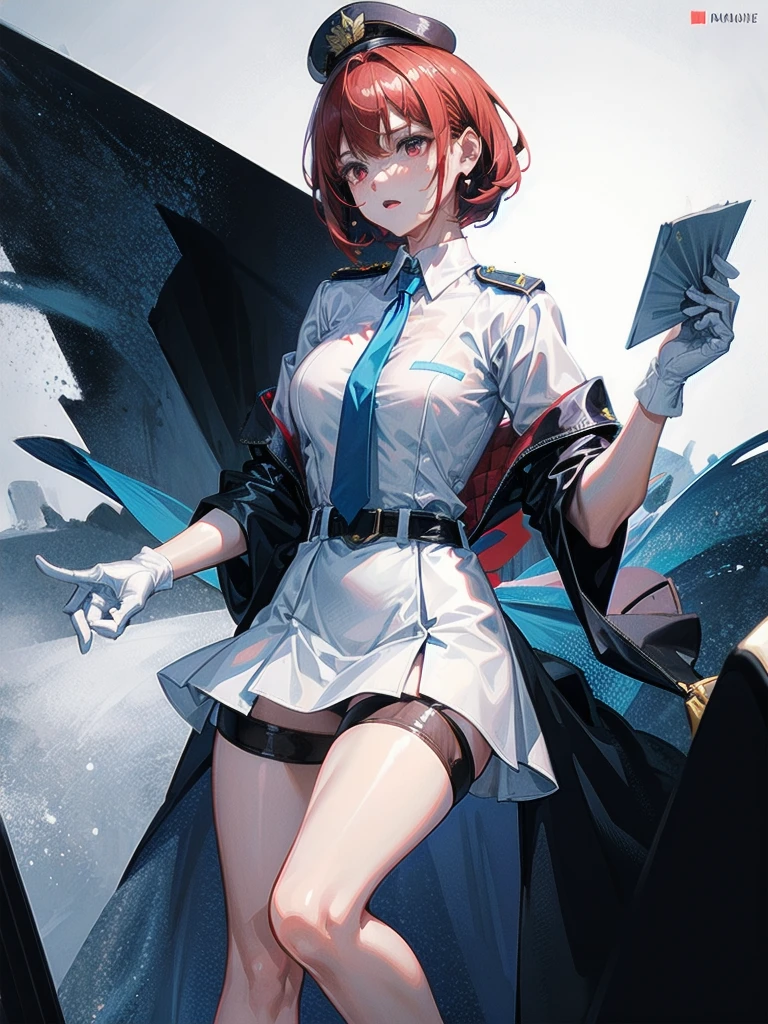 policewoman uniform, light blue short sleeved shirt, navy necktie, high waisted miniskirt, belt, white gloves, police hat, handcuffs, absurdres, RAW photo, extremely delicate and beautiful, masterpiece, Best Quality, ultra high resolution, 32k, hyperrealistic, ultra-detailed, detailed description, pale skin, 20 years old, tearful mole, earring, short medium hair, wavy hair, whole body shot, legs, Redhead, Red eyes,