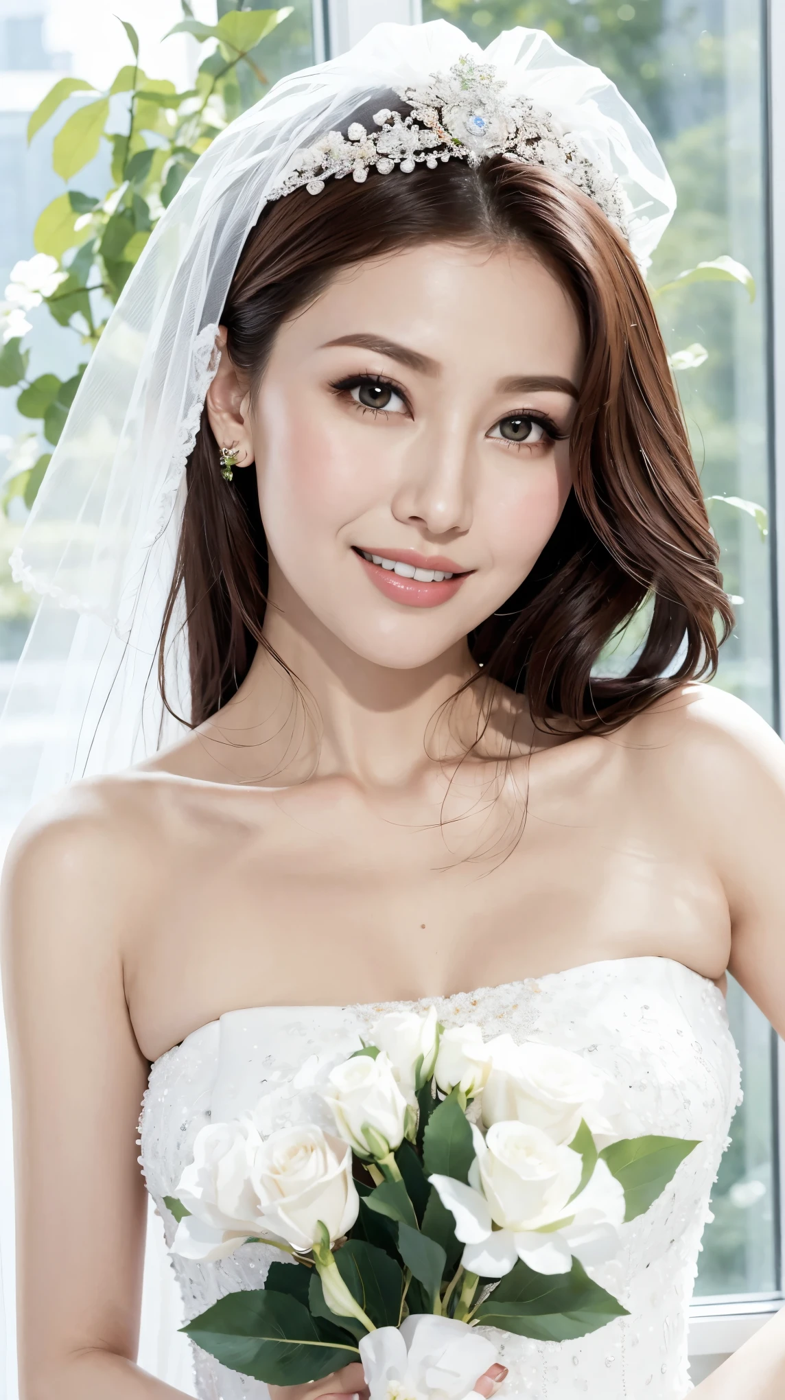 Fashion model 25 years old [[[[close up]]]], [[[[neck]]]], [[[[Shoulder]]]], Perfect eyes, Perfect iris，Perfect lips，Perfect Teeth，Perfect skin，White skin，Soft headlight，High-density imaging review，（Face is clear and delicate），((White Bride Wedding Dress))，((Smile))，((Background is indoor))，((There are green trees and flowers outside the window))，best quality，masterpiece，（Soft colors：1.2)