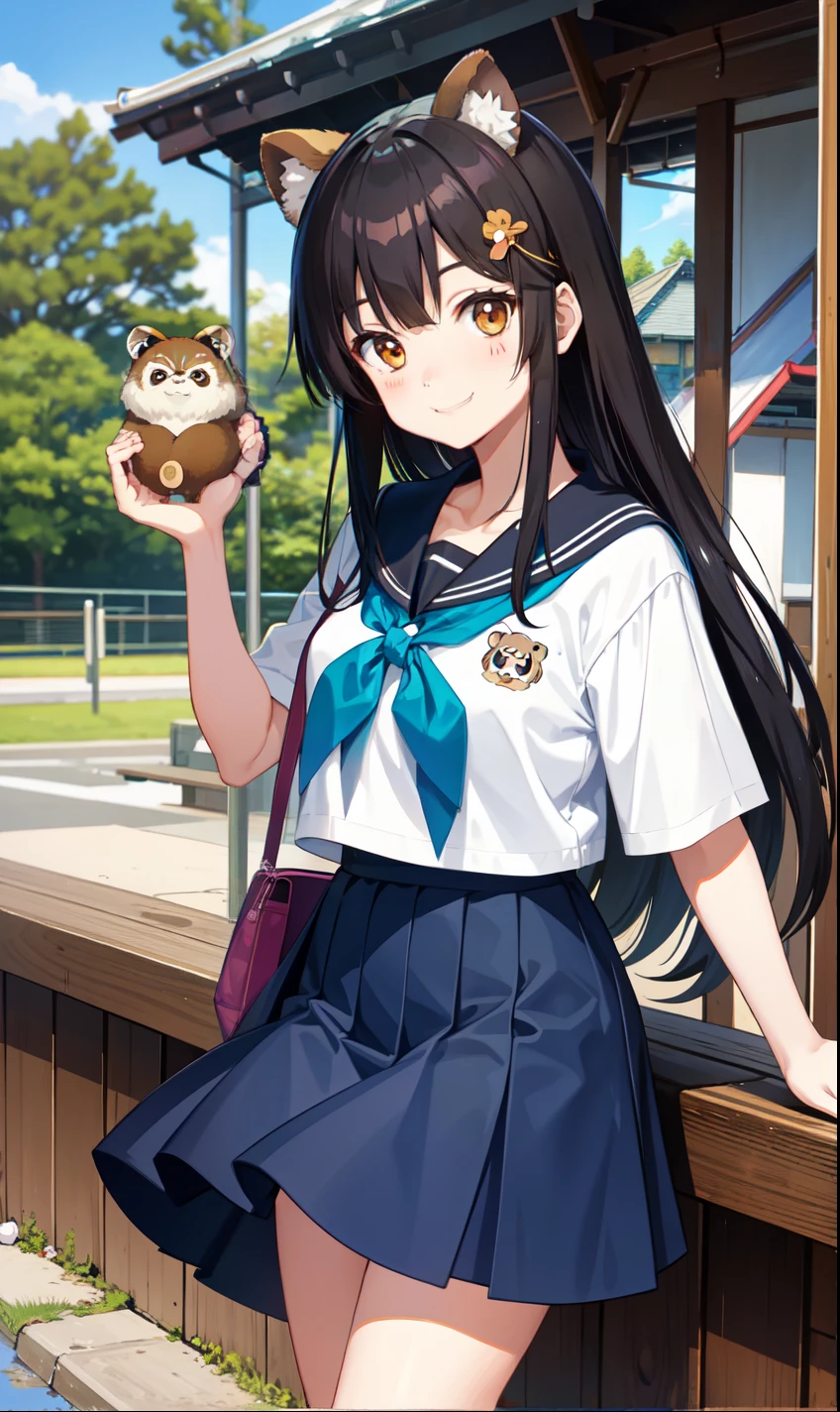 girl、smile、high school student、Tanuki ears、Tanuki's Tail、skirt、(Small breasts)、