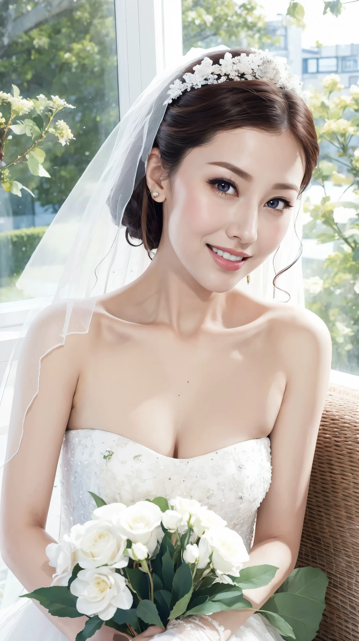 Fashion model 25 years old [[[[close up]]]], [[[[neck]]]], [[[[Shoulder]]]], Perfect eyes, Perfect iris，Perfect lips，Perfect Teeth，Perfect skin，White skin，Soft headlight，High-density imaging review，（Face is clear and delicate），((White Bride Wedding Dress))，((Smile))，((Background is indoor))，((There are green trees and flowers outside the window))，best quality，masterpiece，（Soft colors：1.2)
