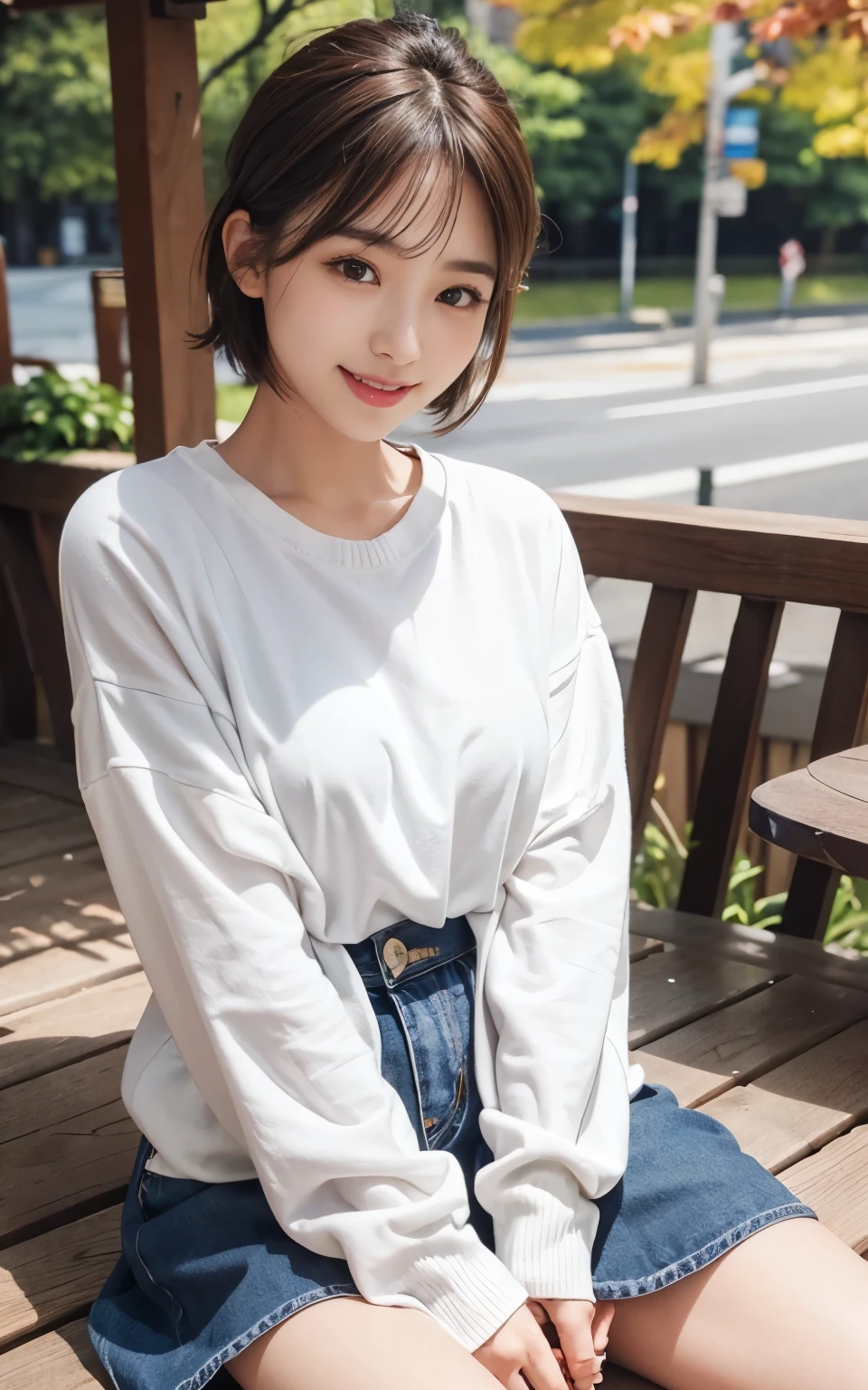 Cute 21 year old Japanese、city、shopping、Super detailed face、Pay attention to the details、double eyelid、Beautiful thin nose、Sharp focus:1.2、Beautiful woman:1.4、(Light brown hair,short hair、),Pure white skin、highest quality、masterpiece、Ultra-high resolution、(Photorealistic:1.4)、Highly detailed and professional lighting、nice smile、Show your whole body、Cute autumn clothes、