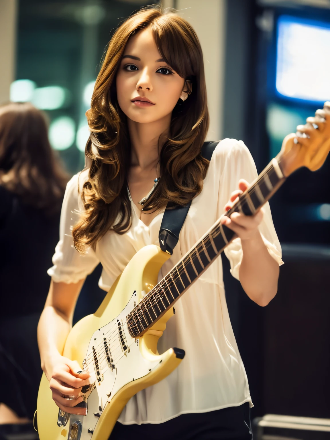 Short Bob Hair, nlnnx, (Clear focus:1.2), photograph, Attractive Young Woman, (Pretty face:1.1), Delicate eyes, Sweet Lips, (Bold red lip color:0.85), (slim:1.2), (Long Hair:1.2), Depth of written boundary, Bokeh, 4K, High resolution. pass (James C. Christensen:1.2|Jeremy Lipkin:1.1).((Playing electric guitar:1.3))、New York Manhattan、Dressed in 1980s clothing