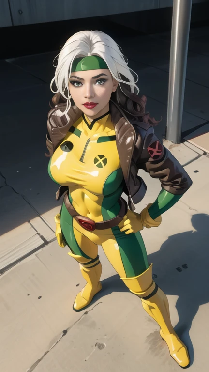 CARTOON_X_MENs_Rogue,ownwaifu,
long hair,breasts,brown hair,green eyes,lipstick,makeup,lips,white hair,two-tone hair,headband,wavy hair,large breasts,messy hair,curly hair,big_hair,
yellow bodysuit,jacket,gloves,belt,yellow gloves,green bodysuit,bodysuit,multicolored bodysuit,superhero, skin tight,multicolored clothes, 1girl, solo, looking at viewer, full body, highres, (masterpiece:1.1), (best quality,:1.1), (high quality:1.1), front view, standing on rooftop,