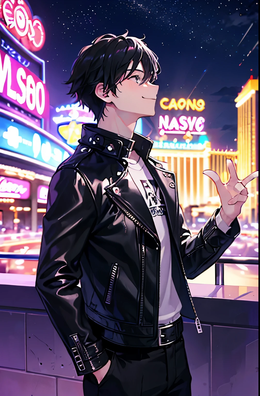 Best image quality、Young man looking up at a huge casino、night、、Beautiful views、Las Vegas、neon、profile、A huge casino town in the background、Wearing a black leather jacket、Black Hair、1 male、A happy face、Fine hand