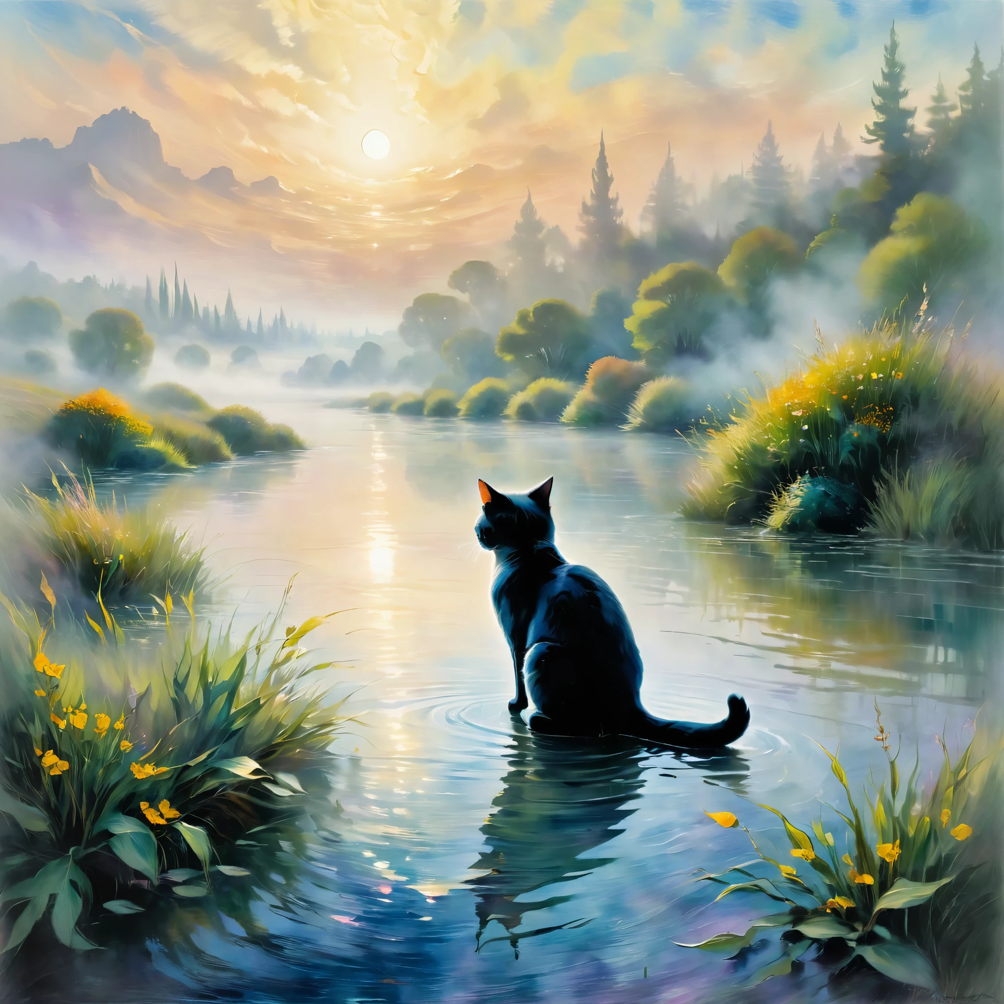 (best quality,4k,8k,highres,masterpiece:1.2),ultra-detailed,(realistic,photorealistic,photo-realistic:1.37),oil painting,Claude Monet Style,Cat in Mist,close-up,vivid colors,soft brushstrokes,ethereal atmosphere,dreamy quality,impressionist style,subtle lighting,water reflections,natural beauty,serene and peaceful ambiance,oil texture,sublime composition,fuzzy details,twilight colors,subdued tones,romantic atmosphere,submerged in mist,mysterious scene,play of light and shadow,splashes of color,dynamic brushwork,expressive strokes,subtle details,impressionistic landscape,calm and tranquil setting,elusive and fleeting moment,harmony of nature and art,quiet and contemplative,subtle movement,delicate textures,melting colors,fleeting glimpse of the cat,serenity in the mist,hint of curiosity,warm and cool hues,picturesque scenery.