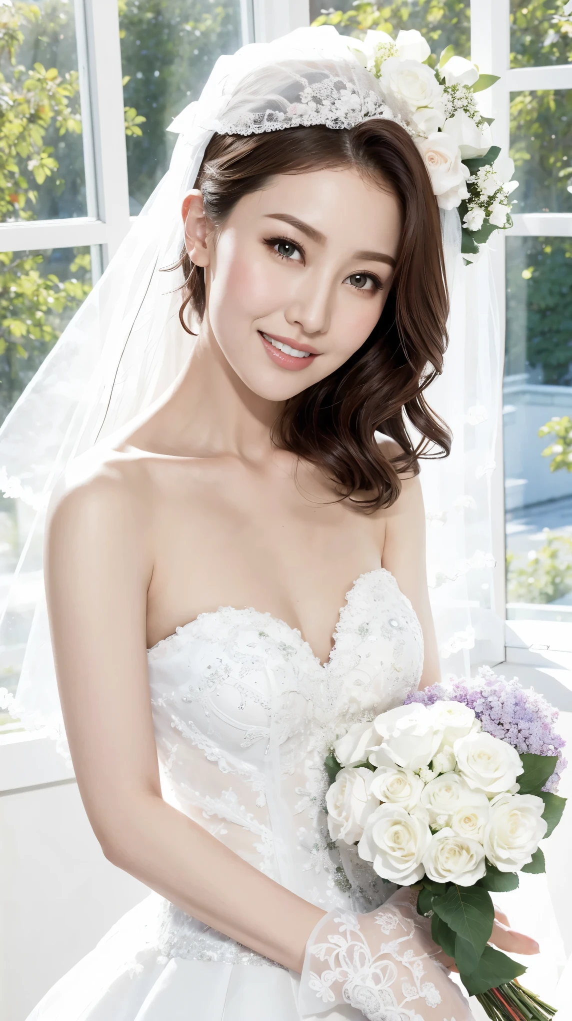 Fashion model 25 years old [[[[close up]]]], [[[[neck]]]], [[[[Shoulder]]]], Perfect eyes, Perfect iris，Perfect lips，Perfect Teeth，Perfect skin，White skin，Soft headlight，High-density imaging review，（Face is clear and delicate），((White Bride Wedding Dress))，((Smile))，((Background is indoor))，((There are green trees and flowers outside the window))，best quality，masterpiece，（Soft colors：1.2)