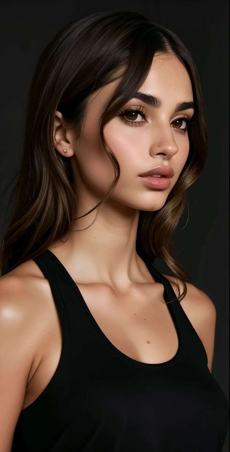 um close de uma mulher com uma blusa preta e um telefone celular, Retrato de Sophie Mudd, inspirado em Emma Andijewska, queixo definido, beautiful cheekbones, queixo forte, retrato emily ratajkowski, well queixo definido, queixo cinzelado, ana de armas portrait, defined cheekbones, moist skin, ellie victoria gale