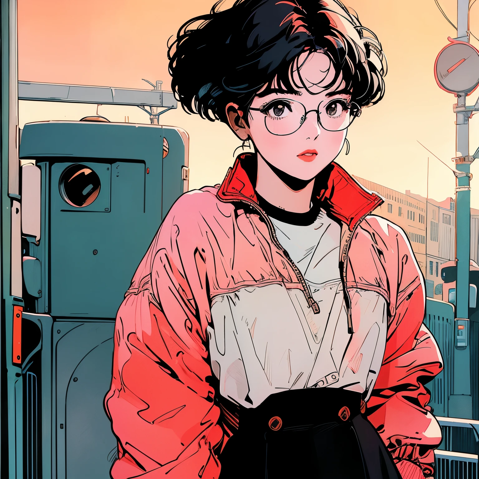 whole body, Upper Body、One beautiful woman, 4k, Warm colors , White blouse、skirt, pedestrian crossing、Signal, 、intersection、Complex background、Short black hair、Glasses、Detailed Hair