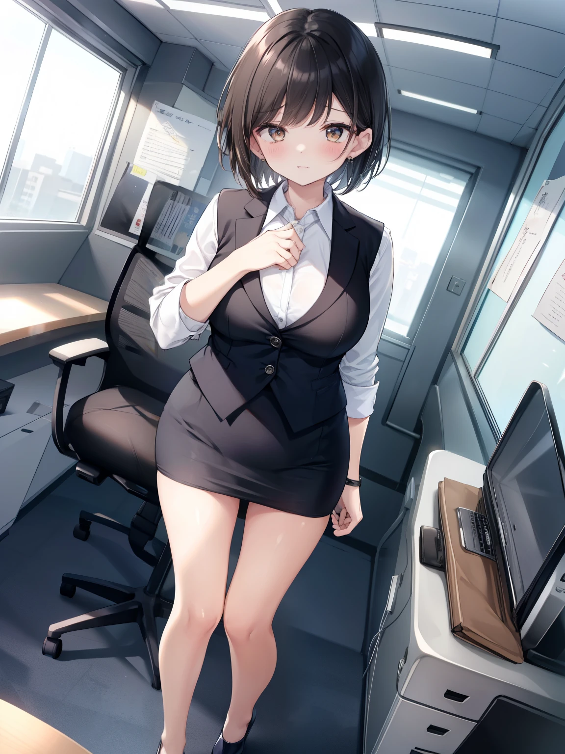 highest quality, Flying debris、Beautiful woman、officeレディー、Black Hair、(Brown eyes、Big Breasts)、short hair、チェック柄のダークブルーのofficeスーツ)、new employee,Full Body Shot、Female office lady、break(Dark blue checked vest、White dress shirt、Navy blue mini tight pencil skirt:1.2)、(Black knee-high、Absolute area、High heels)、break(office:1.3)、Cleavage、Unbutton your shirt、blush、Embarrassed、Troubled face、The skirt is torn、Standing posture
