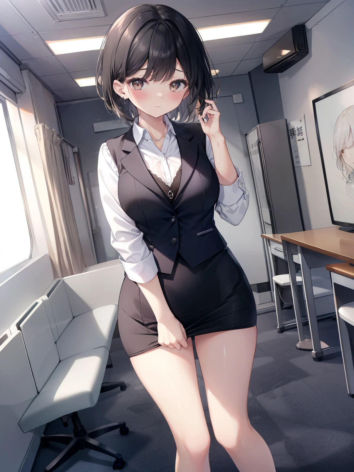 highest quality, Flying debris、Beautiful woman、officeレディー、Black Hair、(Brown eyes、Big Breasts)、short hair、チェック柄のダークブルーのofficeスーツ)、new employee,Full Body Shot、Female office lady、break(Dark blue checked vest、White dress shirt、Navy blue mini tight pencil skirt:1.2)、(Black knee-high、Absolute area、High heels)、break(office:1.3)、Cleavage、Unbutton your shirt、blush、Embarrassed、Troubled face、The skirt is torn、Standing posture