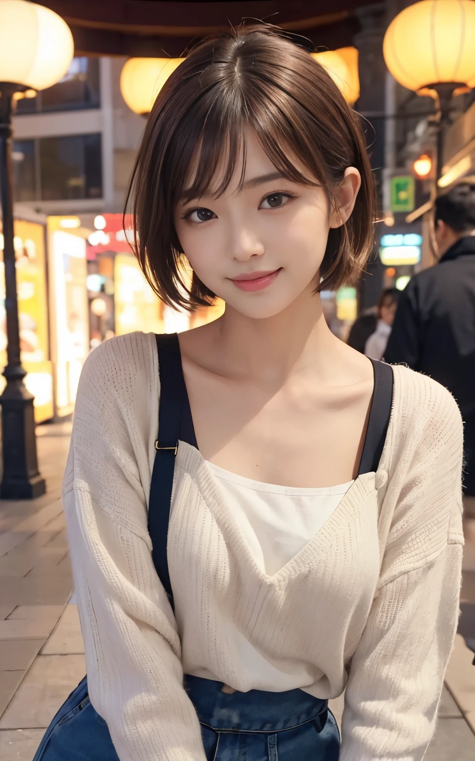 Cute 21 year old Japanese、city、shopping、Super detailed face、Pay attention to the details、double eyelid、Beautiful thin nose、Sharp focus:1.2、Beautiful woman:1.4、(Light brown hair,short hair、),Pure white skin、highest quality、masterpiece、Ultra-high resolution、(Photorealistic:1.4)、Highly detailed and professional lighting、nice smile、Show your whole body、Cute autumn clothes、