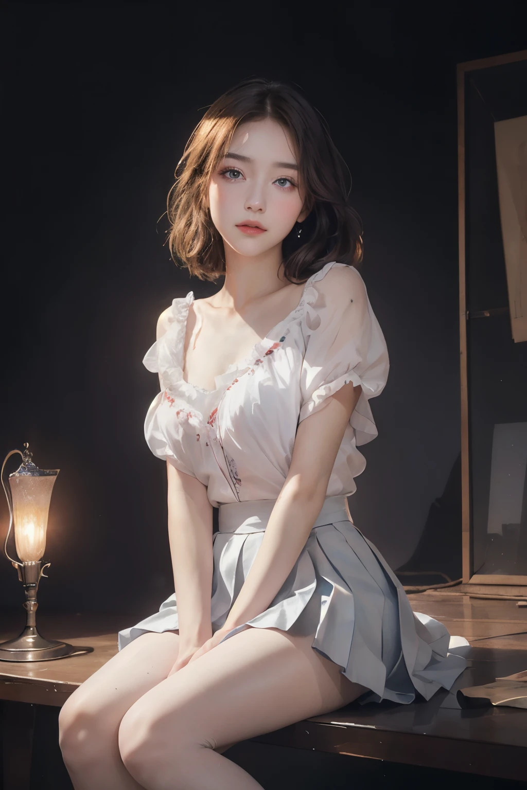 Ultra-realistic 8K CG, picture-perfect face, perfect face, beautiful face, beautiful eyes, perfect female body, front view, solo, immersive atmosphere, chiaroscuro: 1.5, bright lights: 1.2, luminous , Only Daughter, Shirt, Pleated Skirt, Award Winning Watercolor, Sitting, Full Body, Ambient Light, Cinematic Composition, Neon Light, HDR, Perfect, Clean, Masterpiece, Professional Artwork, Famous Artwork, Blush, Enchantment facial expressions, highly detailed eyes, beautiful backgrounds, depth of field, realism: 1.3, long shots, accent lighting,