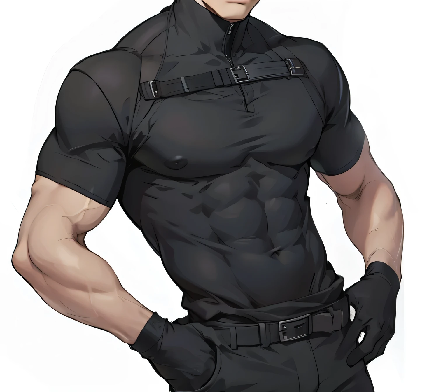 White skin ,  Short black sleeves，Abdominal muscles，Chest muscles，Business suit, Pants