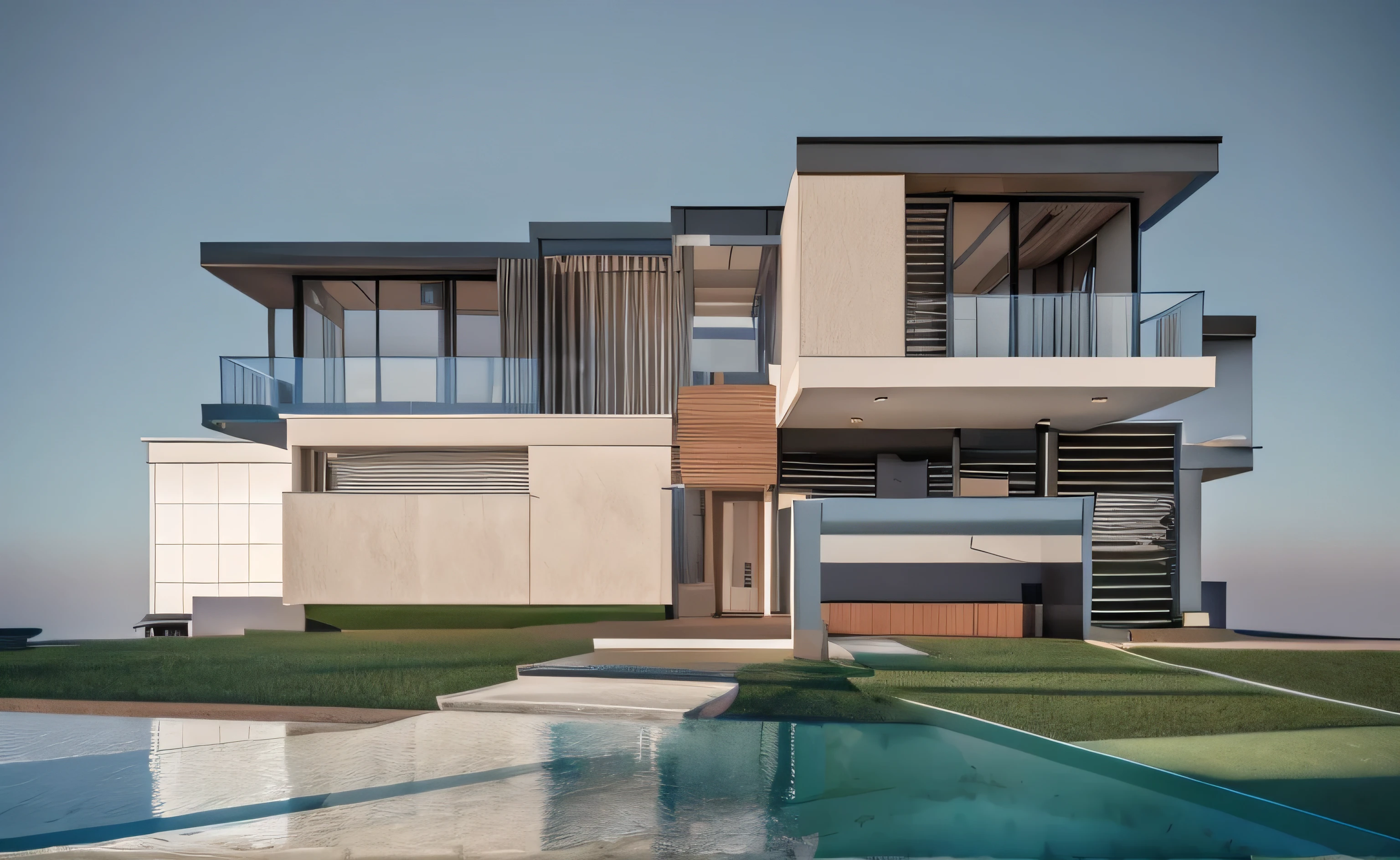 the exterior of the house; garden landscape, a pool with clear water, daytime, realistic, wide angle, (( render vray )), cloudy sky, morning, sunlight, European plants, render, spring light, detailed, modern style, clear image, glasses, high reflection, RAW photo, (high detailed skin:1.2), 8k UHD, DSLR, soft lighting, high quality, film grain, Fujifilm XT3