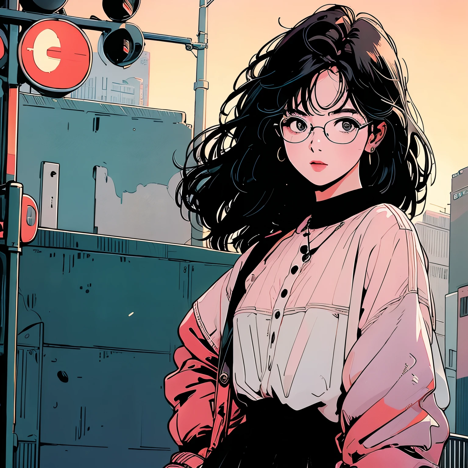 whole body, Upper Body、One beautiful woman, 4k, Warm colors , White blouse、skirt, pedestrian crossing、Signal, 、intersection、Complex background、Short black hair、Glasses、Detailed Hair、Landscape