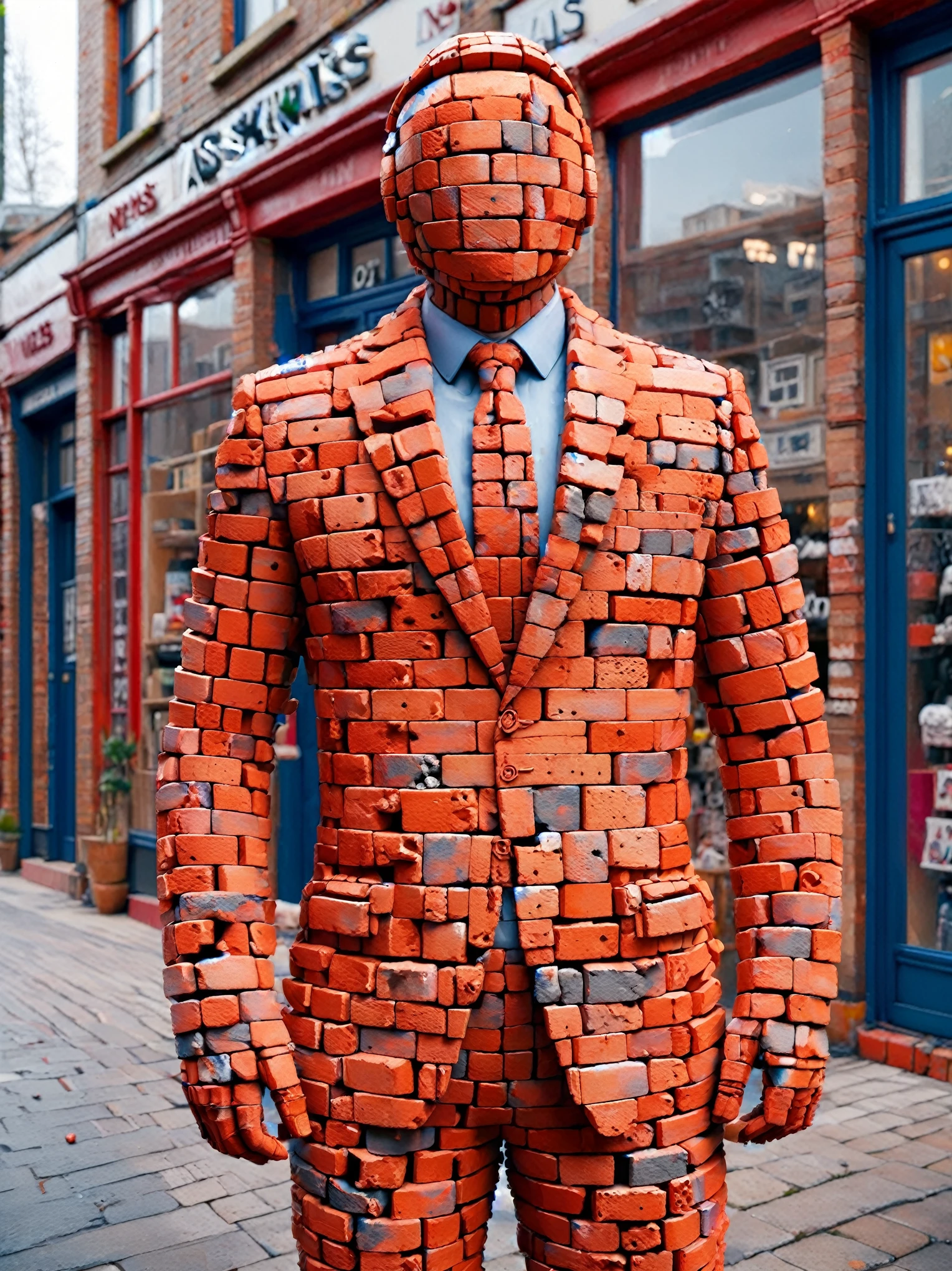 A man wearing an ais-brickz suit, outside of a shop 