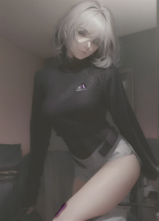 Concept Art, white Background, simple Background, White hair, Silver gradient hair , Composite cloth, Virtual YouTuber, best quality, masterpiece, Dynamic Angle, , cowboy_shooting, Watching_Back, grab, girl,Miss,woman, young,20 years old, , Hair Flip, Silver Hair, Flowing hair, Ahog, giggle, Beautiful and delicate golden eyes, teeth, Large Breasts, Blonde eyes, White skin, hoodie, Black_shorts, Gray clothes, transparent_Background, Backlighting, absurd, high resolution, Extremely detailed,sweater,Smile,cowboy裤