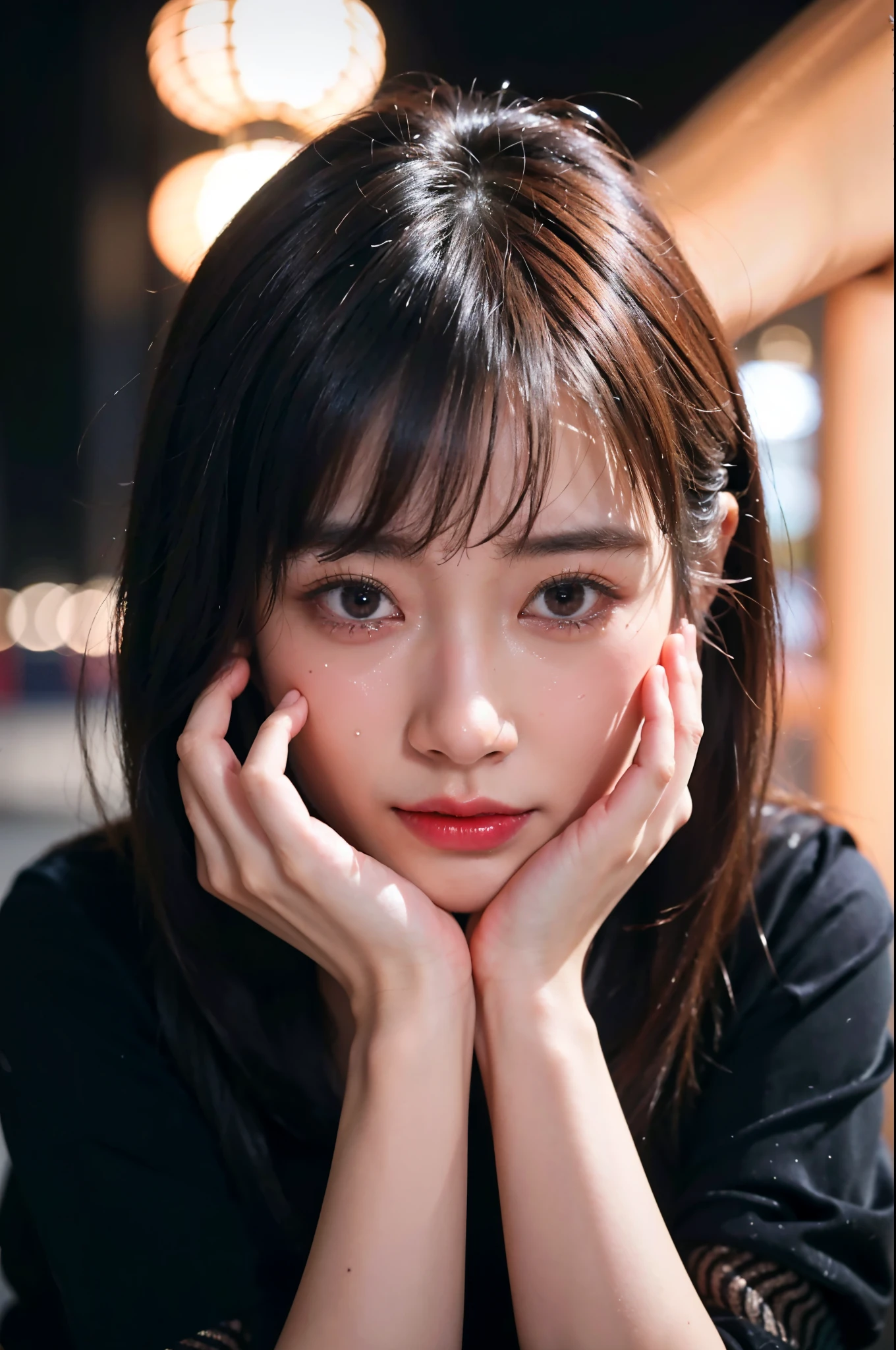 (4k, RAW photo, best quality, masterpiece:1.2), ultra high res, (photo realistic:1.2), High detail RAW color photo, professional photograph, (realistic, photo realistic:1.4), ((best quality)),japanese girl,close up,(crying,tears:1.1),looking at viewer,night town