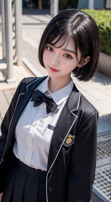 A Chinese girl,school uniform,She is short,Very white face,Her eyes were on her small, slightly pointed face.,Looks particularly black and large。Oily black short hair,Divide and stick tightly on the temples。The mouth is small,Full lower lip,When speaking,Always with a slight smile,Not safe for work