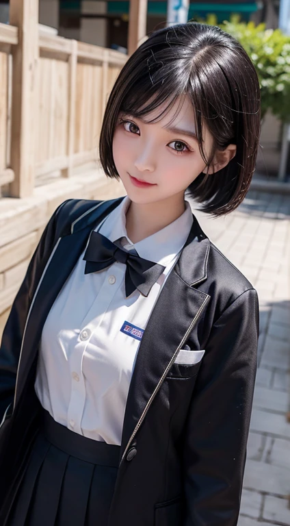 A Chinese girl,school uniform,She is short,Very white face,Her eyes were on her small, slightly pointed face.,Looks particularly black and large。Oily black short hair,Divide and stick tightly on the temples。The mouth is small,Full lower lip,When speaking,Always with a slight smile,Not safe for work