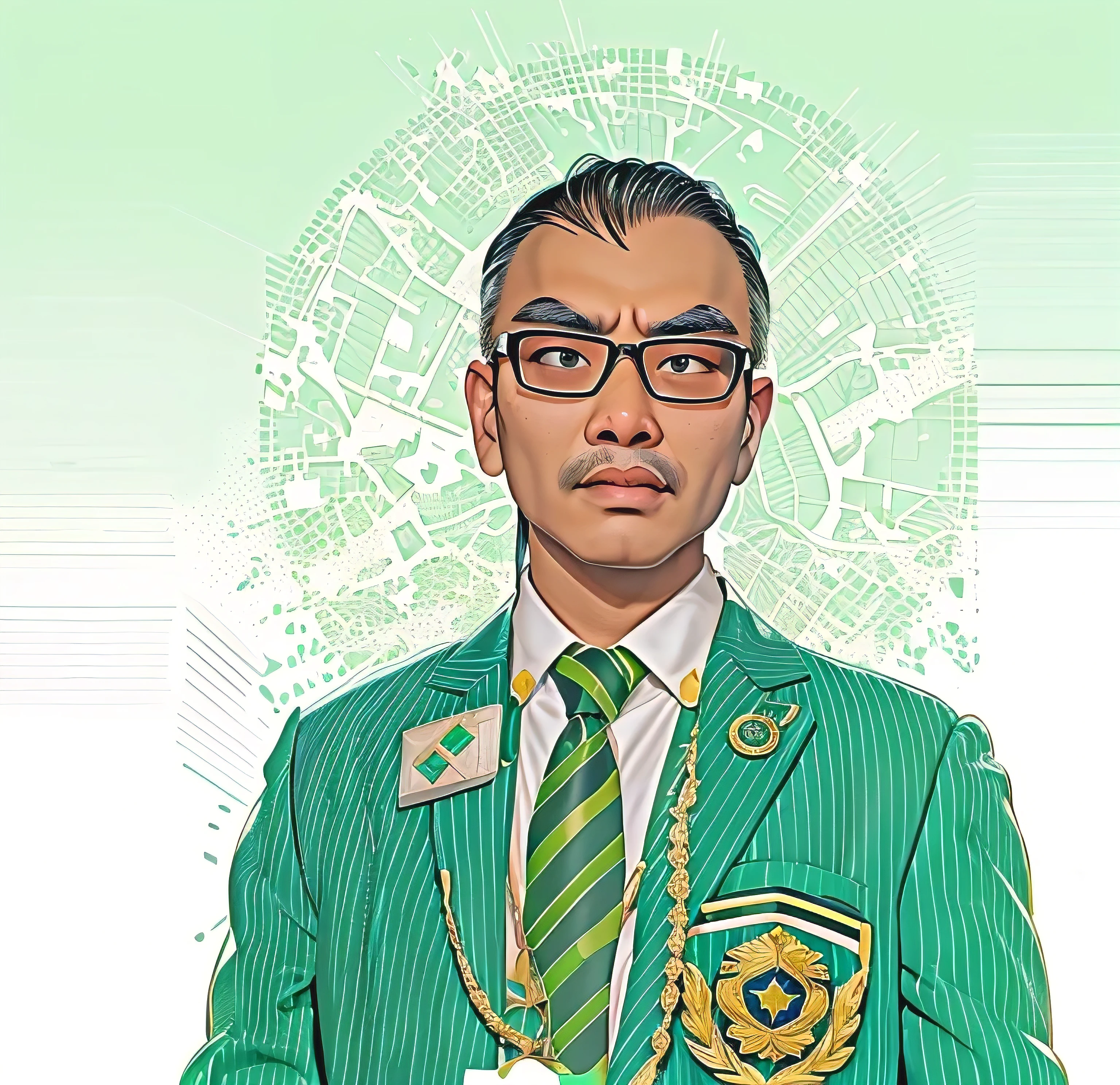 Arav man in black glasses wearing green jacket and tie holding badge,Keep your facial features consistent,Crooked Mouth,Light eyebrows,Facial wrinkles are prominent,Solid color background, Mark Leung, Lindsay, Liang Xing, Lin Xiang, Takeyuki Kanda, wang liang, leng jun, Immanuel's Rain, zeng fanzh, kuang hong, kamwei fong, Peter Chen, Zhang's grandmother