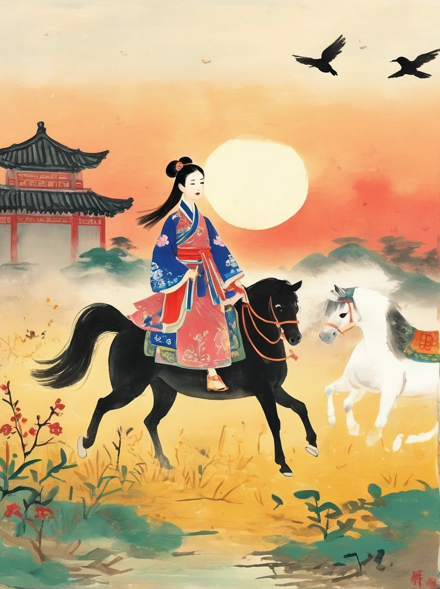 (chinese ink painting style:1.2), (masterpiece, top quality, best quality, official art, beautiful and aesthetic:1.2), An ink painting of a battlefield at dusk in the Song Dynasty is full of oriental freehand aesthetic elements, In late autumn, dead leaves are flying all over the sky, A beautiful woman stands alone on the battlefield at dusk. Her back is desolate and full of loneliness, Behind the girl is leaning on a thin horse, The background is the post-war battlefield, The tone should be a mixture of warm earth tones in traditional Eastern paintings, and The deep red color of the sunset symbolizes the cruelty of war, ancient Chinese style, ink painting, (wallpaper:1.2)