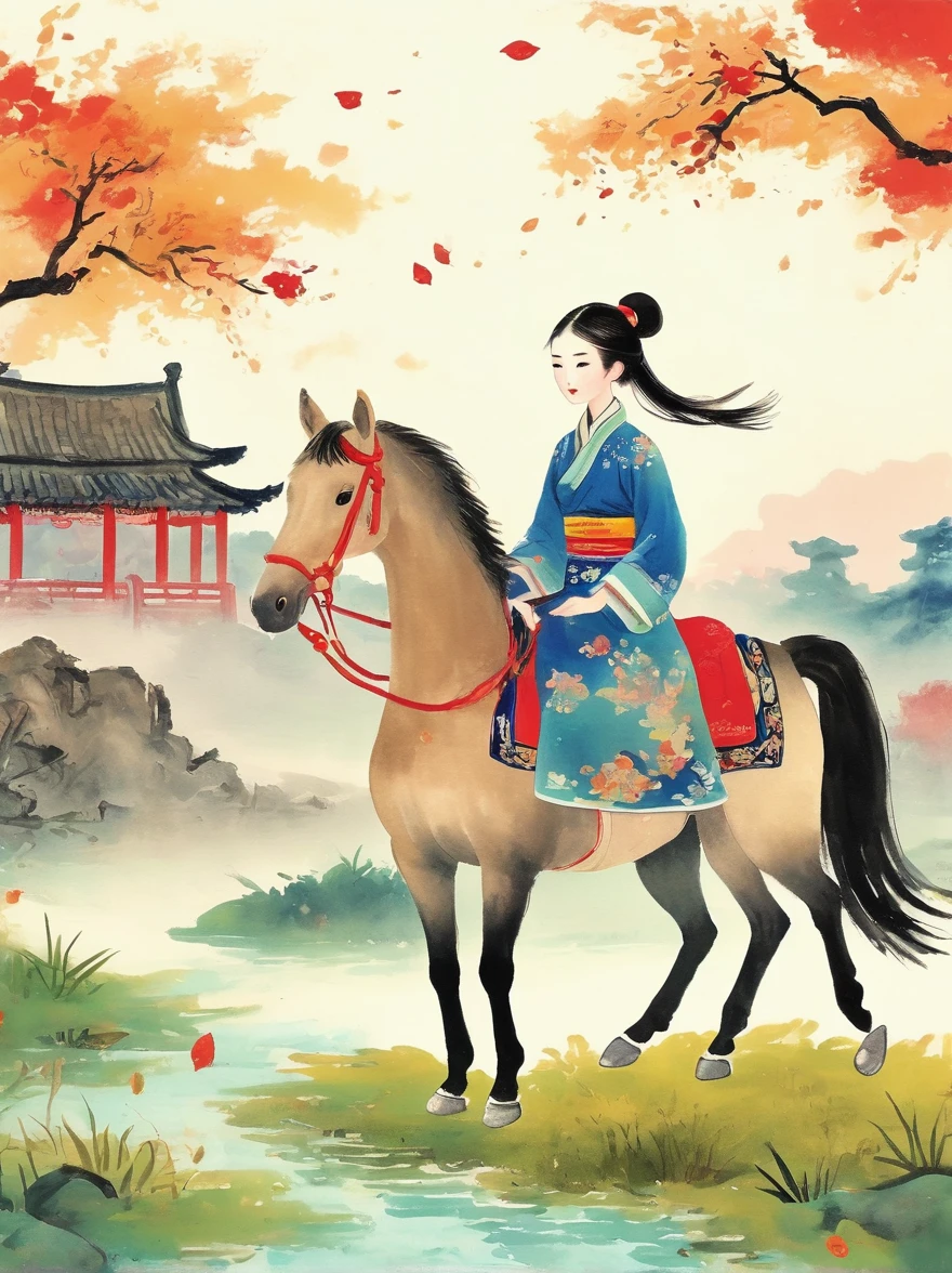 (chinese ink painting style:1.2), (masterpiece, top quality, best quality, official art, beautiful and aesthetic:1.2), An ink painting of a battlefield at dusk in the Song Dynasty is full of oriental freehand aesthetic elements, In late autumn, dead leaves are flying all over the sky, A beautiful woman stands alone on the battlefield at dusk. Her back is desolate and full of loneliness, Behind the girl is leaning on a thin horse, The background is the post-war battlefield, The tone should be a mixture of warm earth tones in traditional Eastern paintings, and The deep red color of the sunset symbolizes the cruelty of war, ancient Chinese style, ink painting, (wallpaper:1.2)