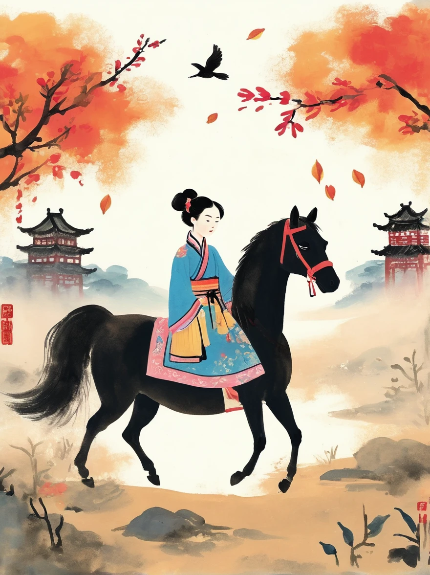 (chinese ink painting style:1.2), (masterpiece, top quality, best quality, official art, beautiful and aesthetic:1.2), An ink painting of a battlefield at dusk in the Song Dynasty is full of oriental freehand aesthetic elements, In late autumn, dead leaves are flying all over the sky, A beautiful woman stands alone on the battlefield at dusk. Her back is desolate and full of loneliness, Behind the girl is leaning on a thin horse, The background is the post-war battlefield, The tone should be a mixture of warm earth tones in traditional Eastern paintings, and The deep red color of the sunset symbolizes the cruelty of war, ancient Chinese style, ink painting, (wallpaper:1.2)